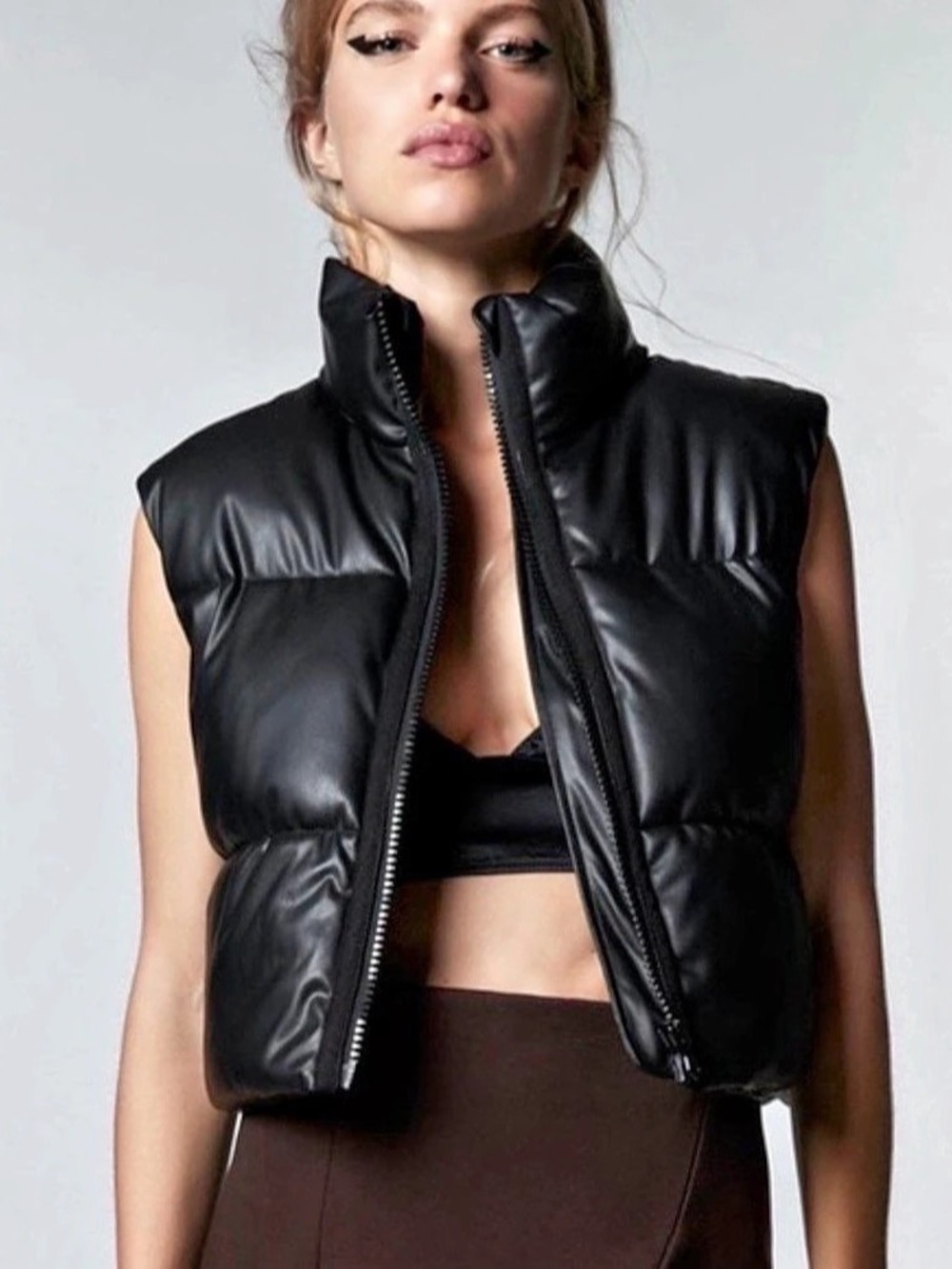 Zara Faux Leather cropped Puffer Vest Black